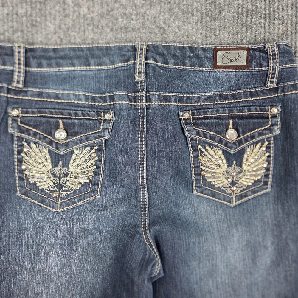 Earl Jean Women 12 Dark Wash Bootcut Rhinestone Wing Embroidered Pocket Jeans